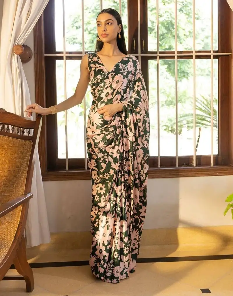 Green elegant digital printed saree