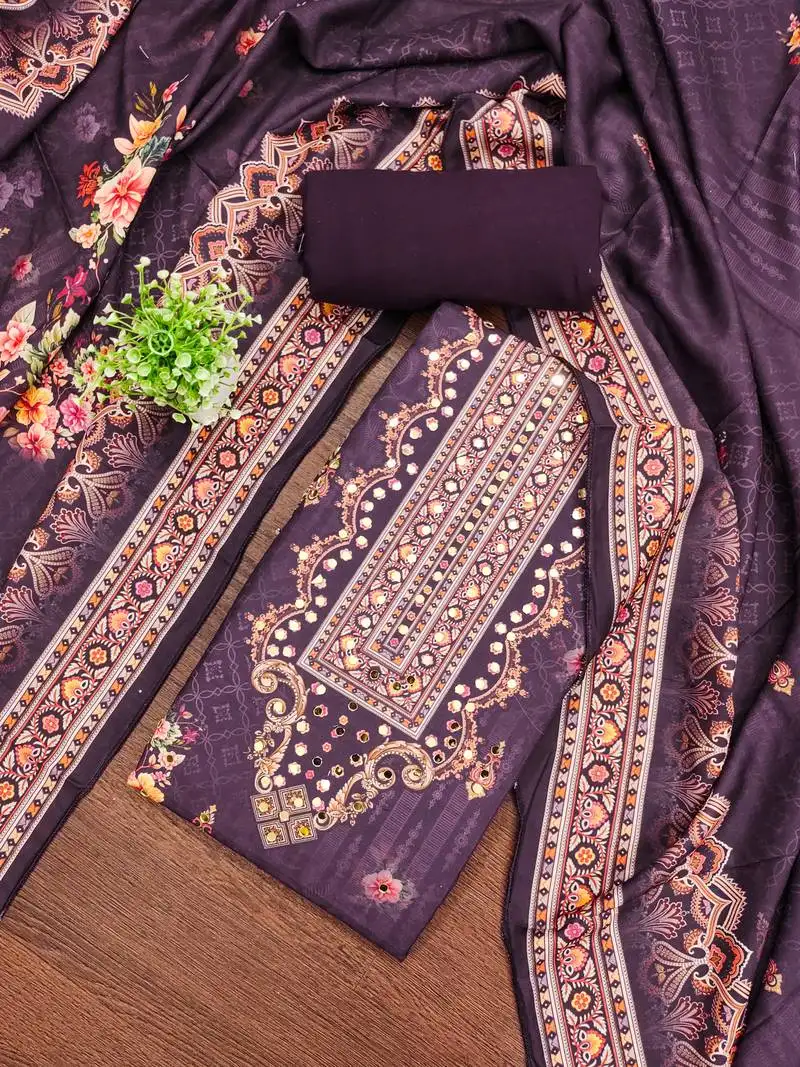 Women's voilet unstitched printed muslin cotton dress material