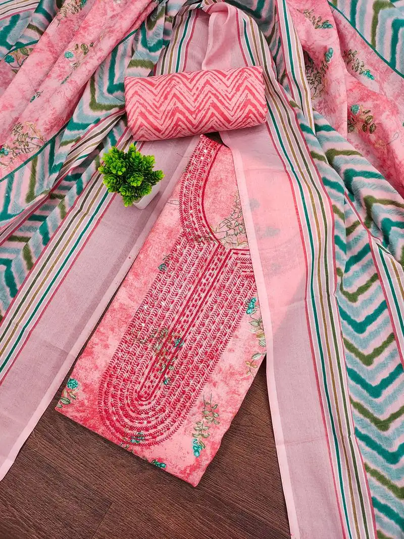 Women's pink unstitched gala work cotton dress material