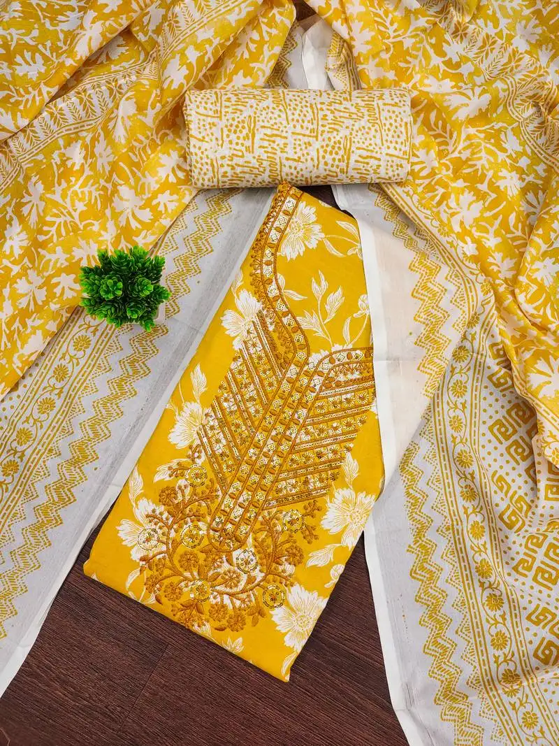 Women's yellow unstitched gala work cotton dress material