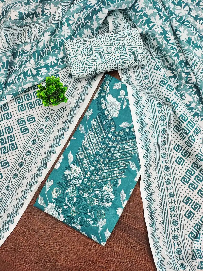 Women's sea green unstitched gala work cotton dress material