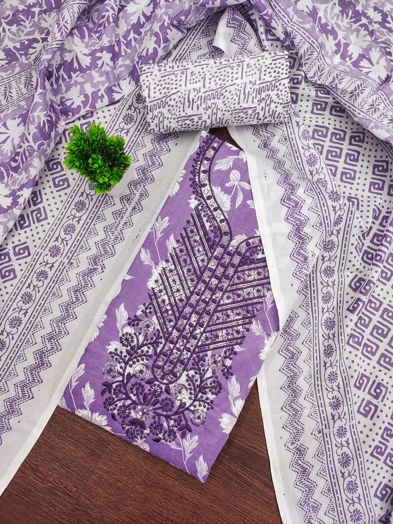 Women's purple unstitched gala work cotton dress material