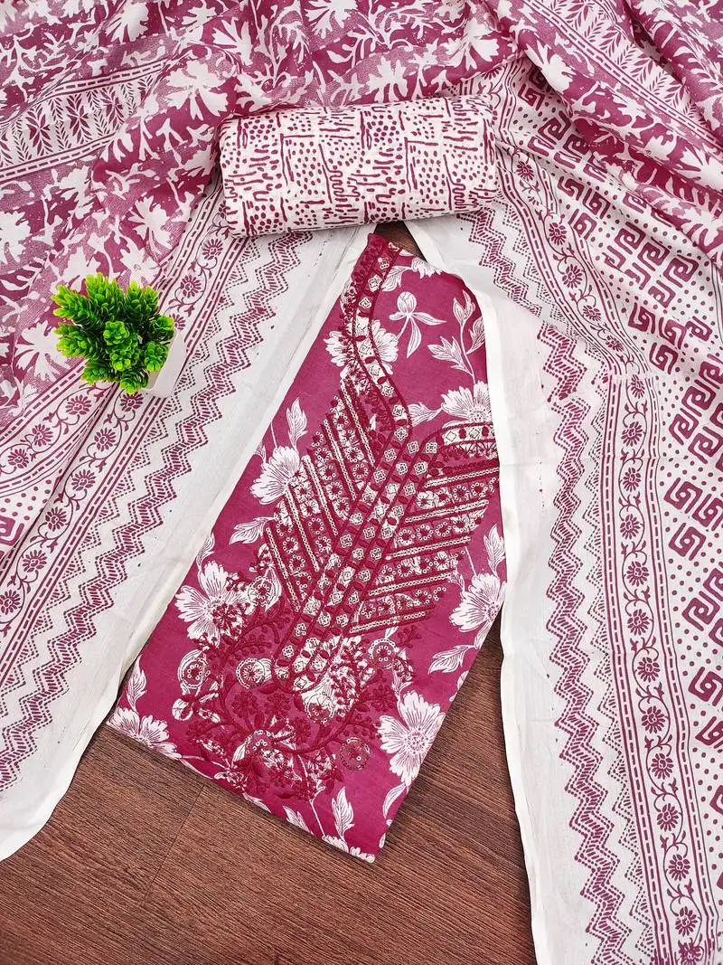 Women's magenta unstitched gala work cotton dress material