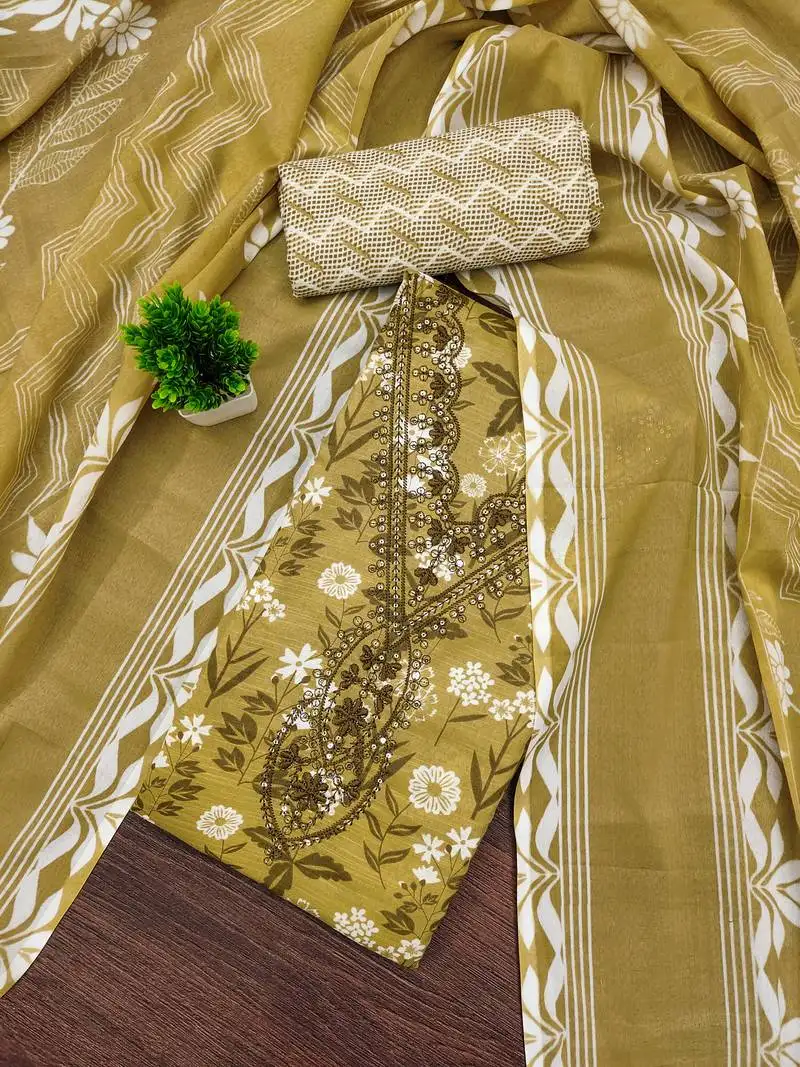 Women's mehandi unstitched gala work cotton dress material