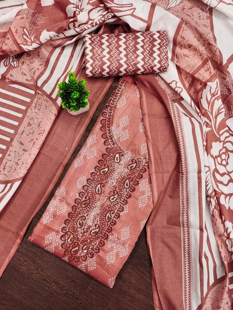 Women's peach unstitched gala work cotton dress material