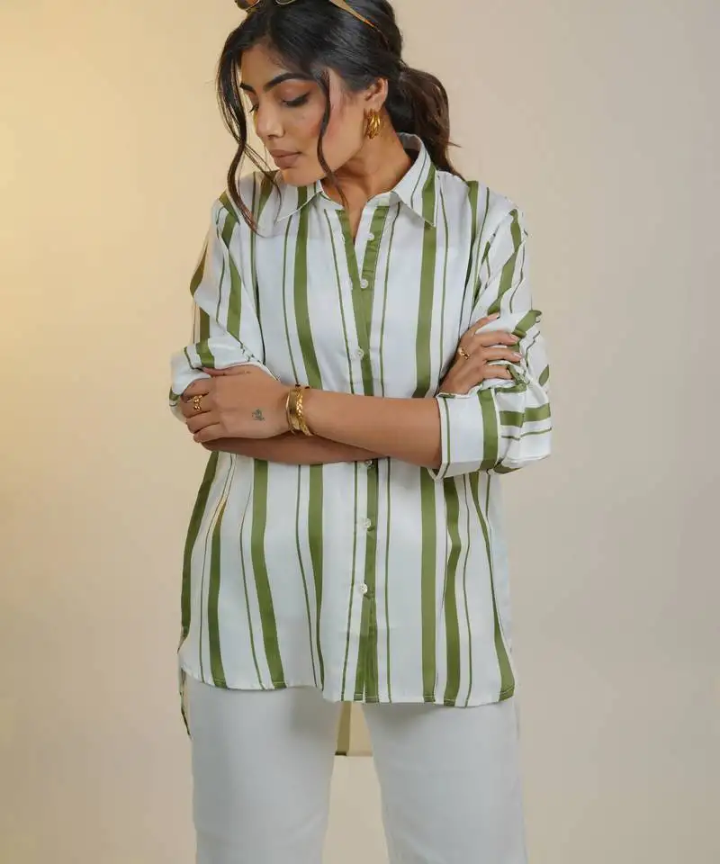 Green printed satin strped shirt