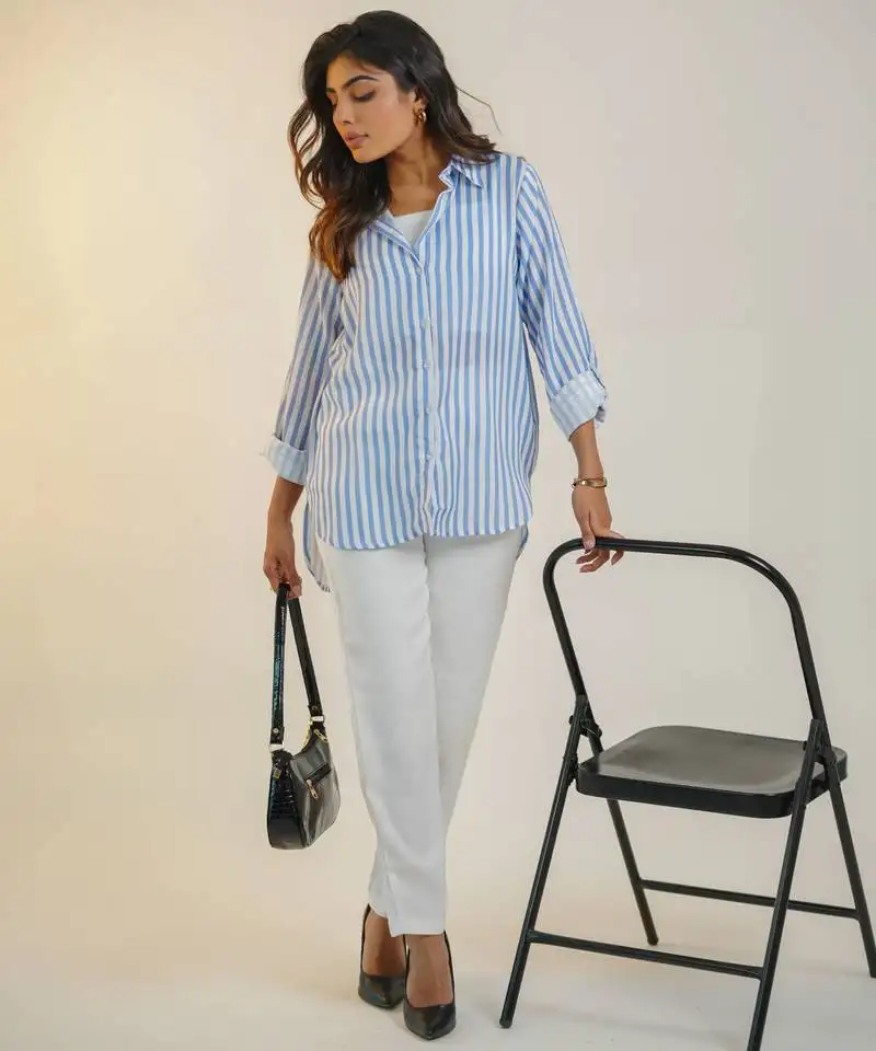 Pink printed striped linen shirt