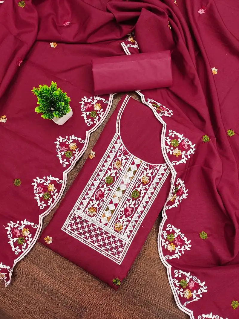 Women's maroon unstitched embroidered cotton dress material