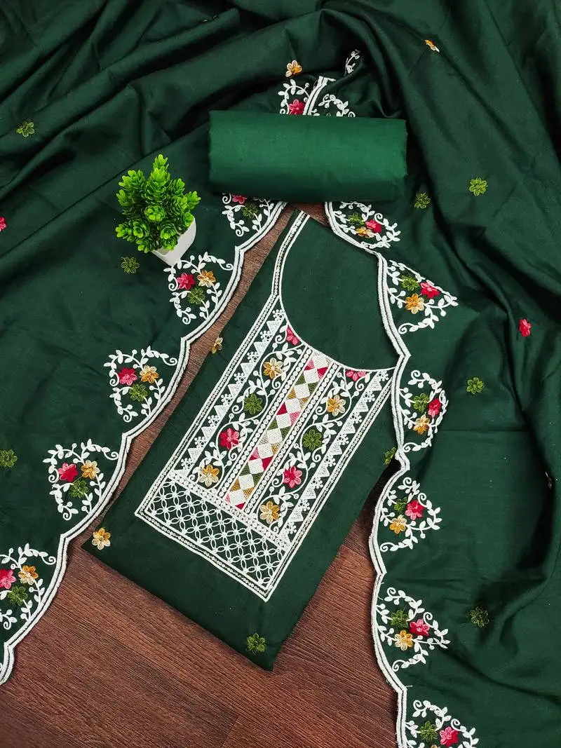 Women's green unstitched embroidered cotton dress material
