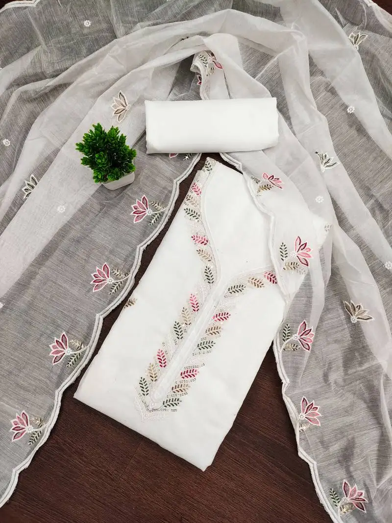 Women's white unstitched embroidered chanderi cotton dress material