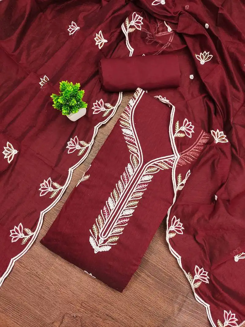 Women's maroon unstitched embroidered chanderi cotton dress material