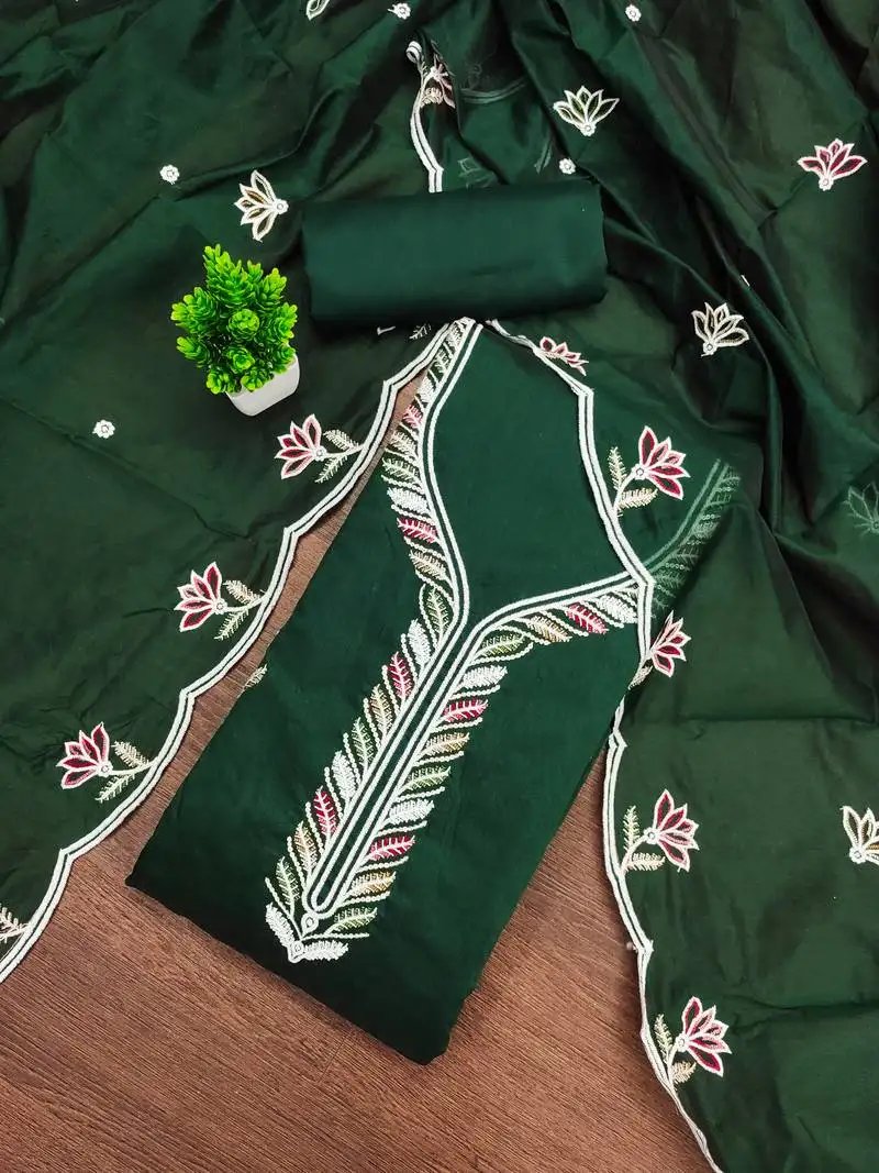 Women's green unstitched embroidered chanderi cotton dress material