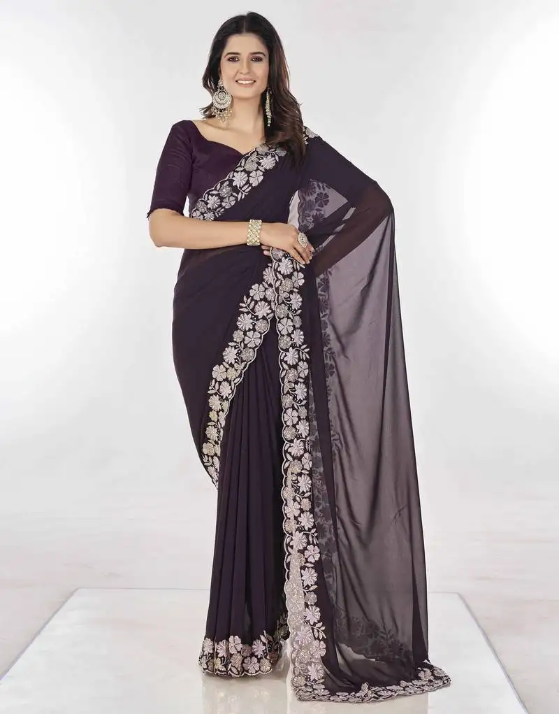 Dark purple georgette saree with embroidered border