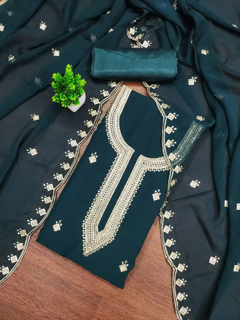 Women's sea green unstitched embroidered georgette dress material