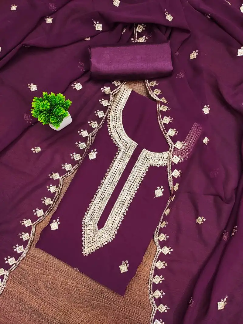 Women's purple unstitched embroidered georgette dress material