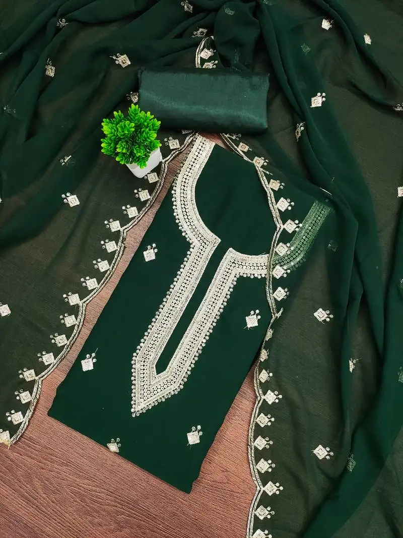 Women's green unstitched embroidered georgette dress material