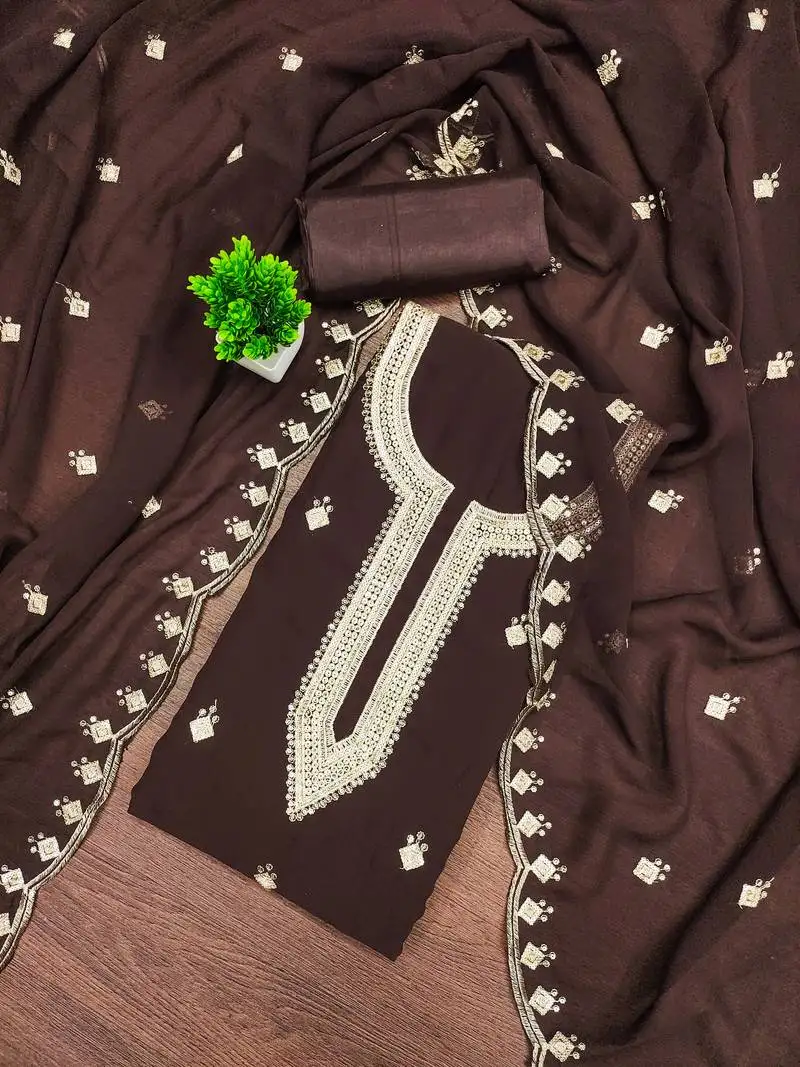 Women's brown unstitched embroidered georgette dress material