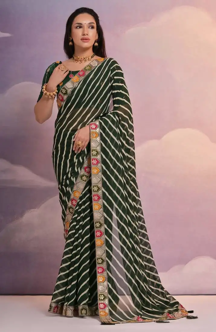Green georgette leheriya saree with embroidered border