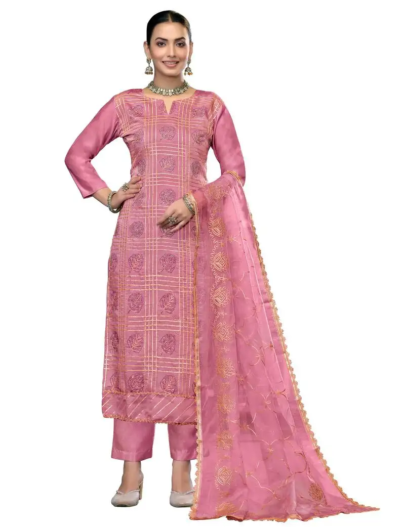 Women's pink unstitched embroidered roman cotton silk dress material