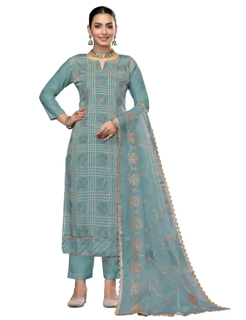 Women's turquoise blue unstitched embroidered roman cotton silk dress material
