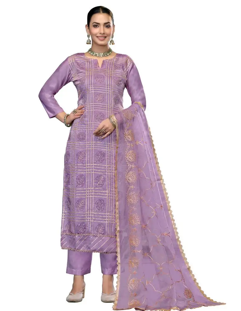 Women's purple unstitched embroidered roman cotton silk dress material