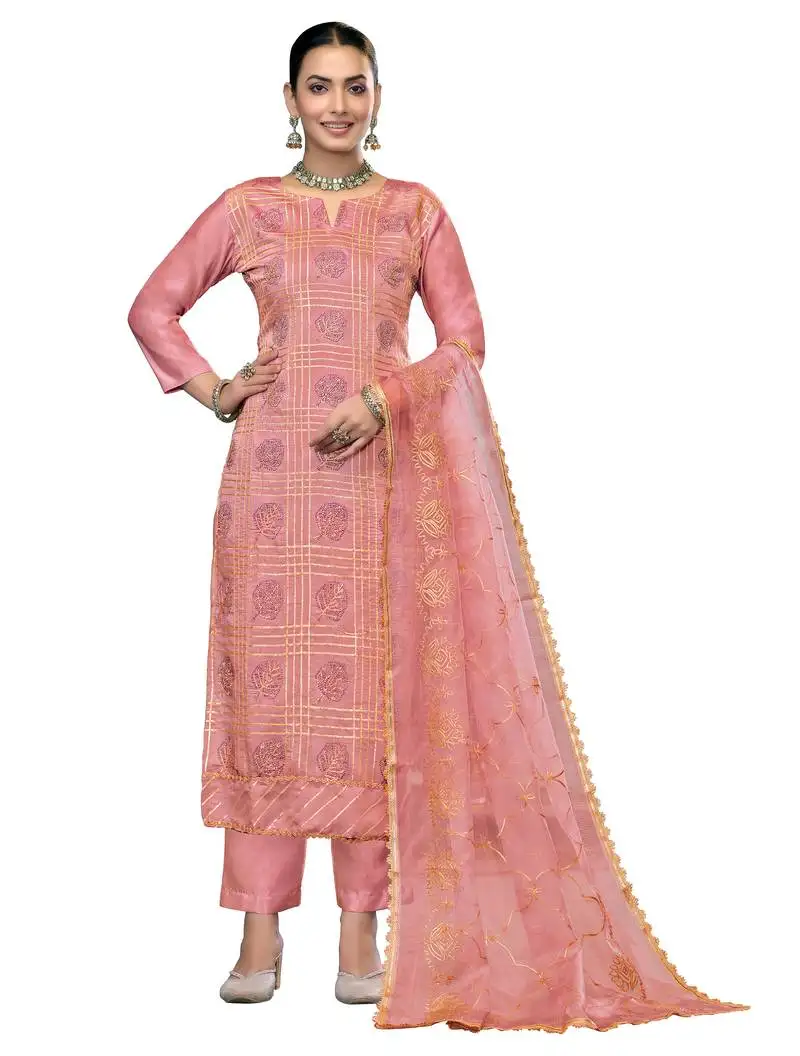 Women's peach unstitched embroidered roman cotton silk dress material