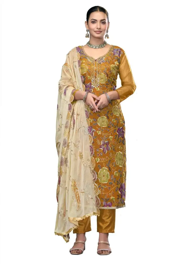 Women's mustered unstitched embroidered viscose organza dress material