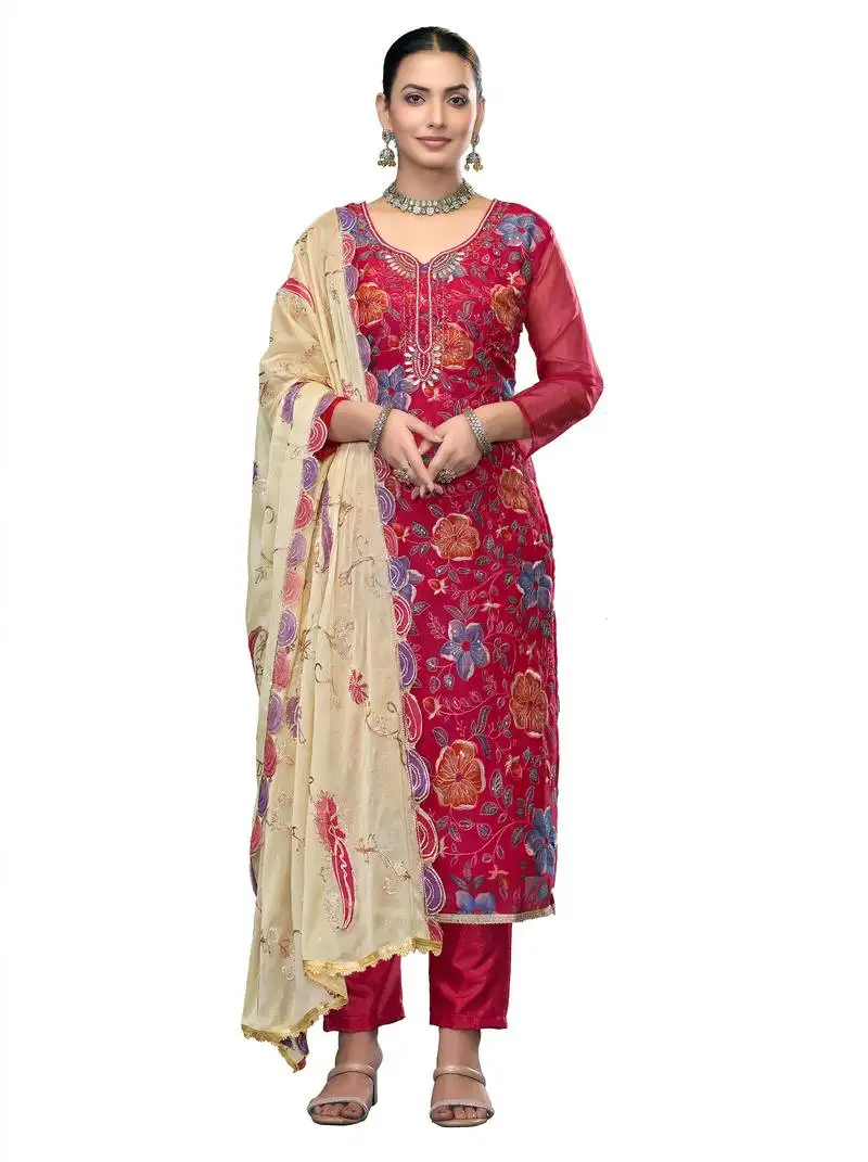 Women's pink unstitched embroidered viscose organza dress material