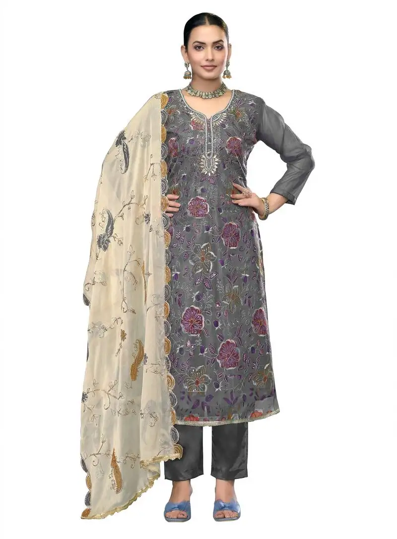 Women's grey unstitched embroidered viscose organza dress material