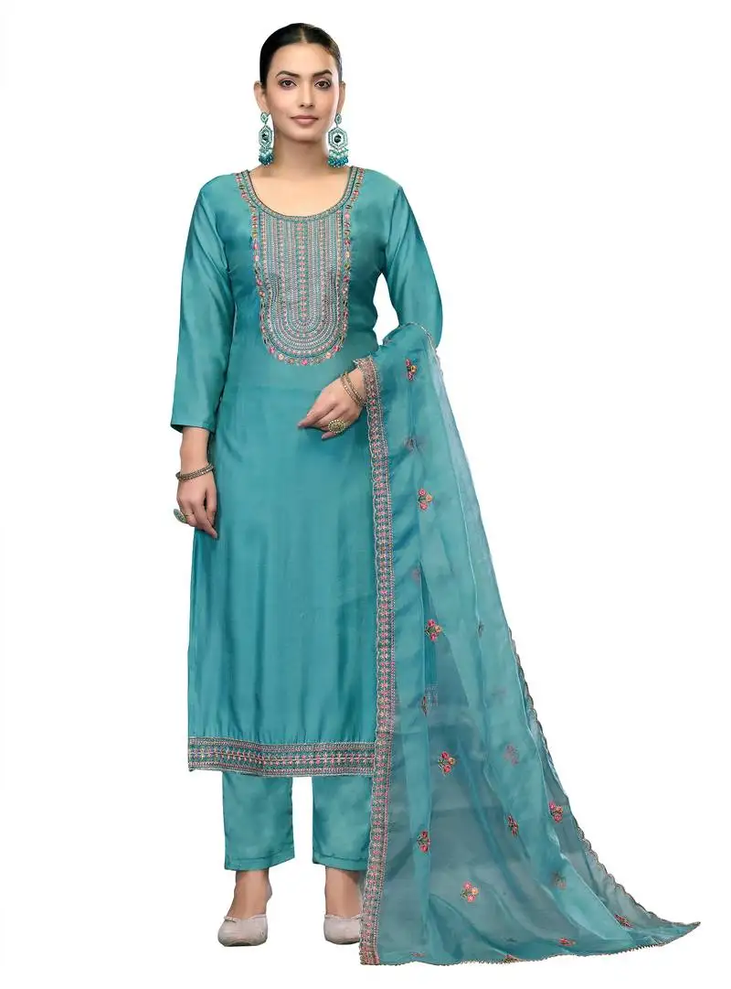 Women's sky blue unstitched embroidered roman cotton silk dress material