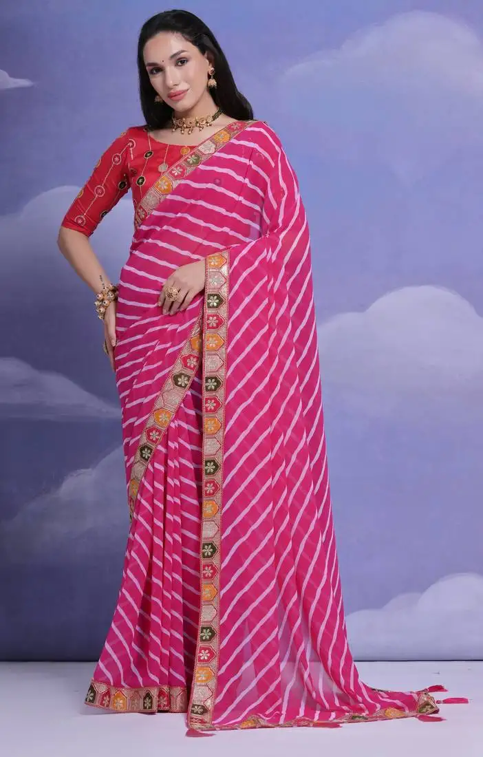 Pink georgette leheriya saree with embroidered border
