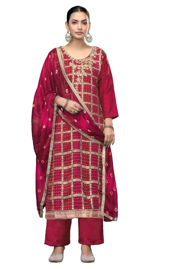 Women's pink unstitched printed banarasi cotton silk dress material