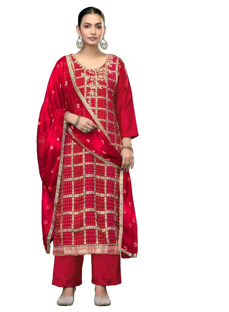 Women's red unstitched printed banarasi cotton silk dress material
