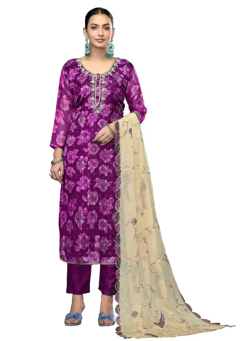 Women's purple unstitched handwork banarasi viscose dress material