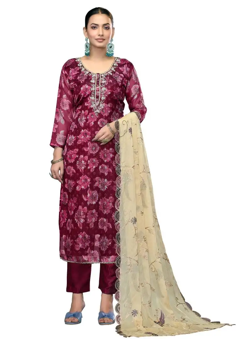 Women's magenta unstitched handwork banarasi viscose dress material