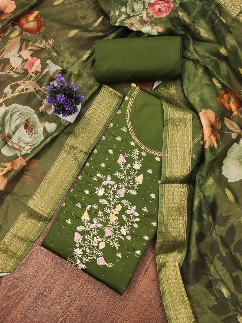 Women's green unstitched embroiderd jaam sattin cottn dress material