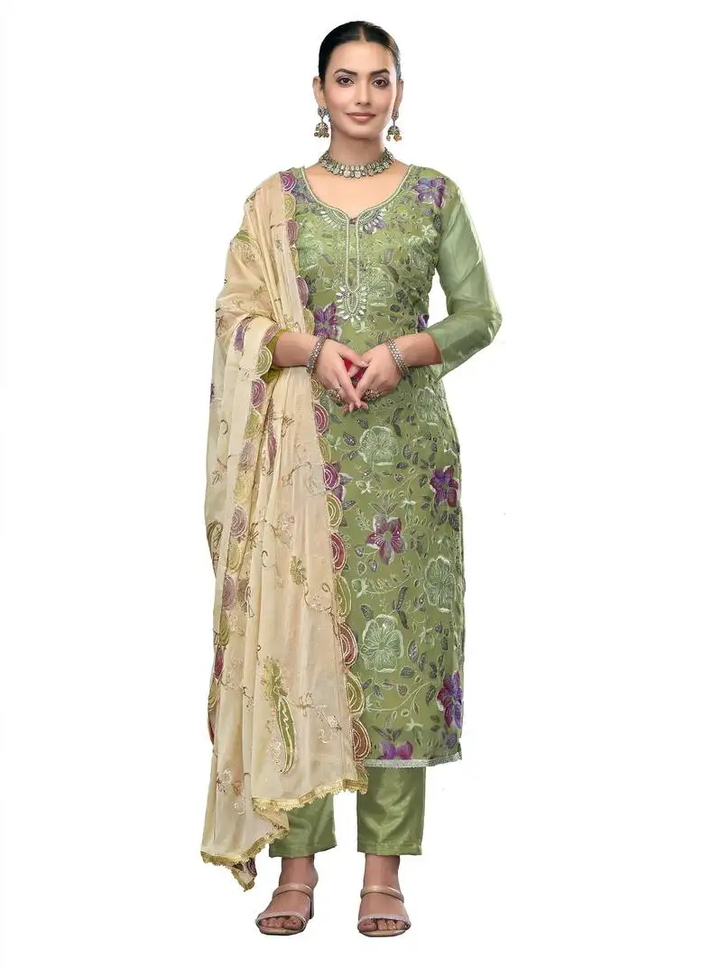 Women's light green unstitched embroidered viscose organza dress material