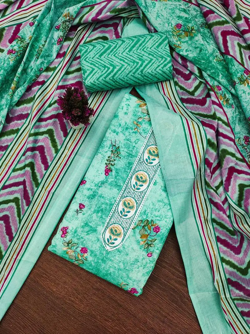Women's sea green unstitched embroiderd cotton dress material