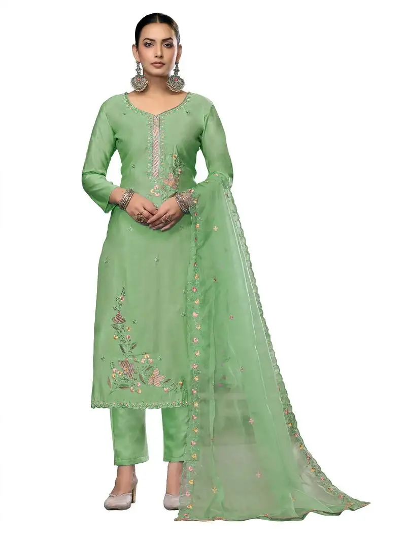 Women's light green unstitched embroidered roman cotton silk dress material
