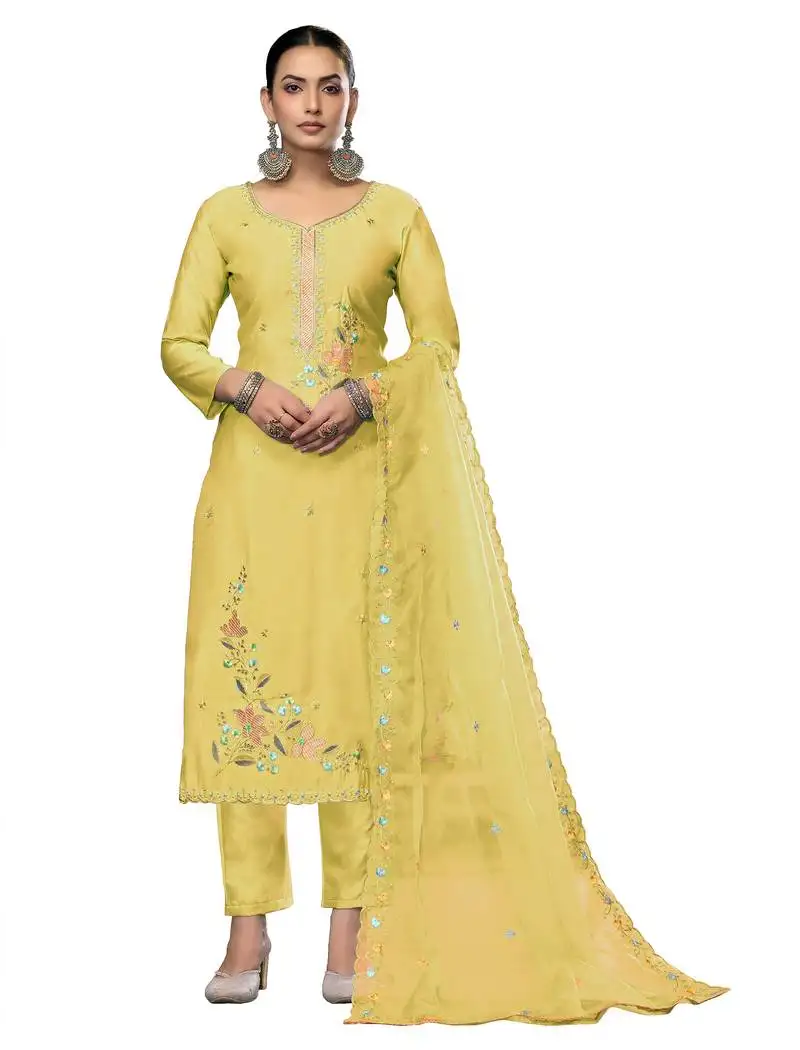 Women's light yellow unstitched embroidered roman cotton silk dress material
