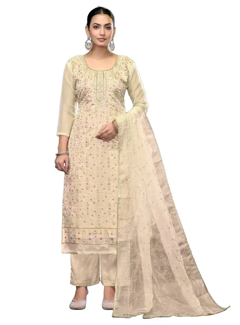 Women's white unstitched embroidered viscose organza dress material