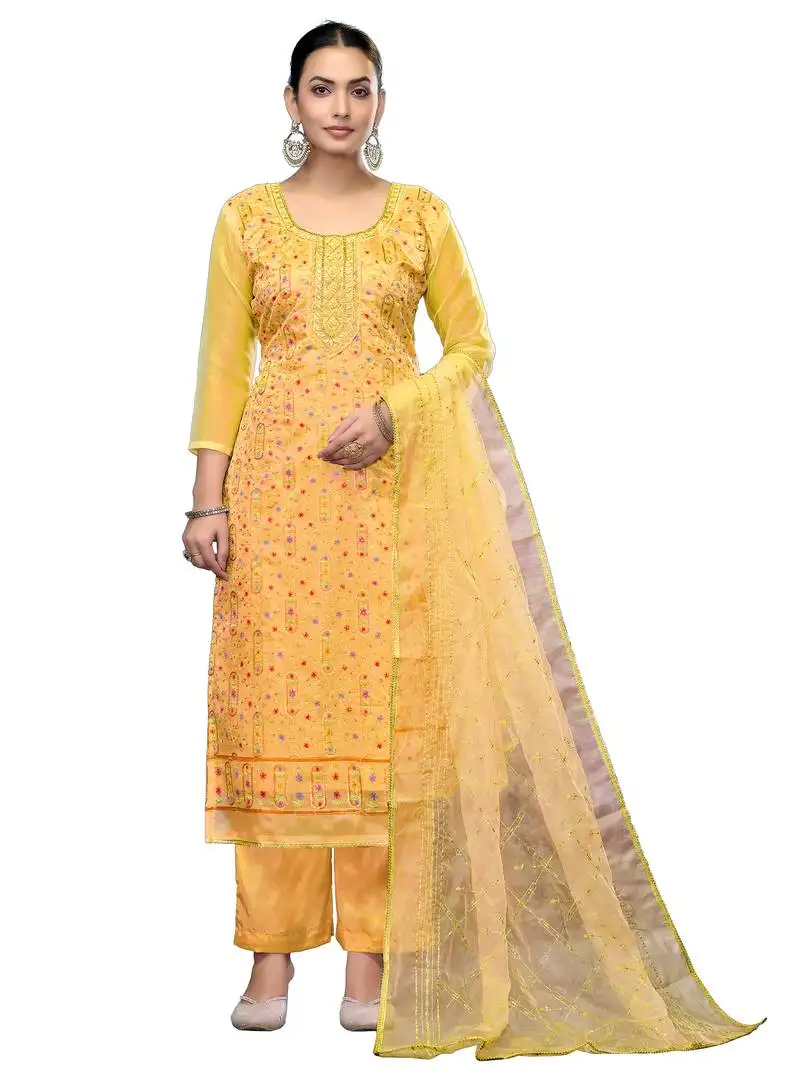Women's yellow unstitched embroidered viscose organza dress material