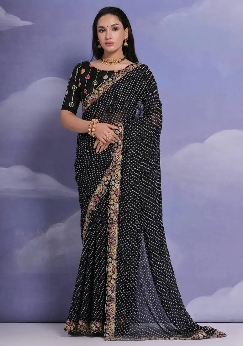 Black bandhani georgette saree with sequin and embroidered border