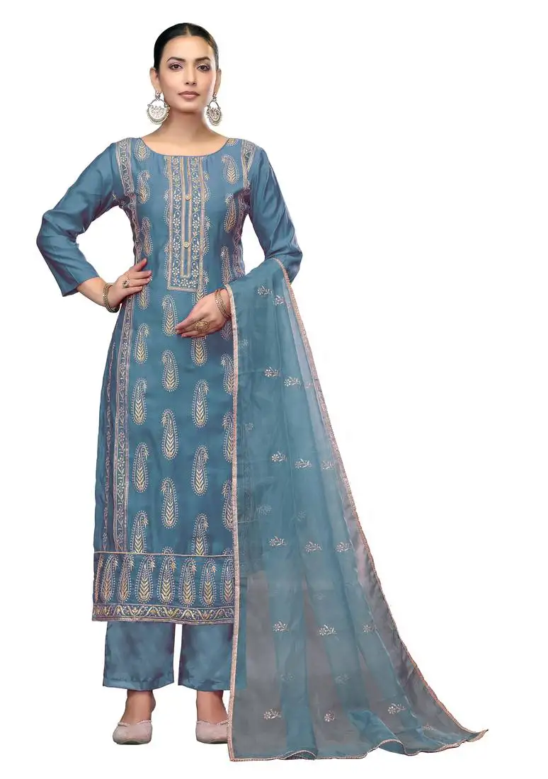 Women's teal blue unstitched embroidered roman cotton silk dress material