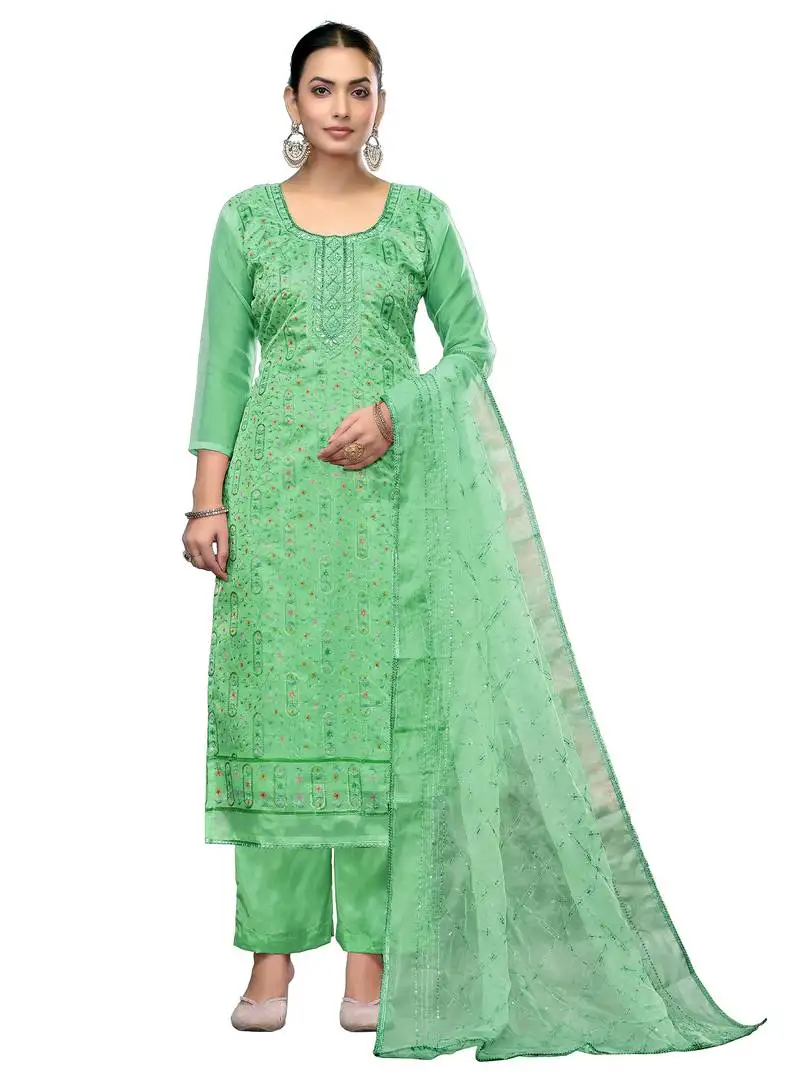 Women's sea green unstitched embroidered viscose organza dress material