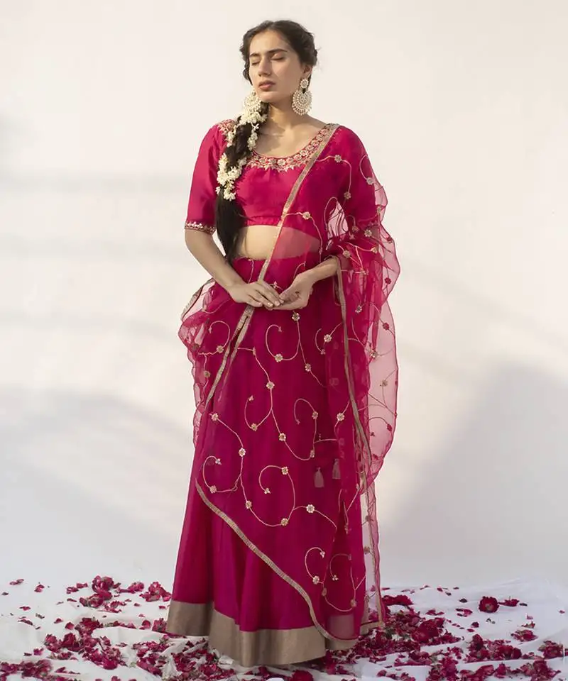 Rani pink plain cotton silk lehenga