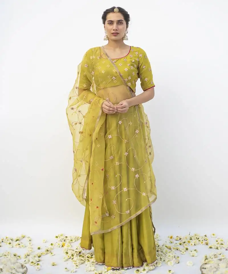 Green plain cotton silk lehenga