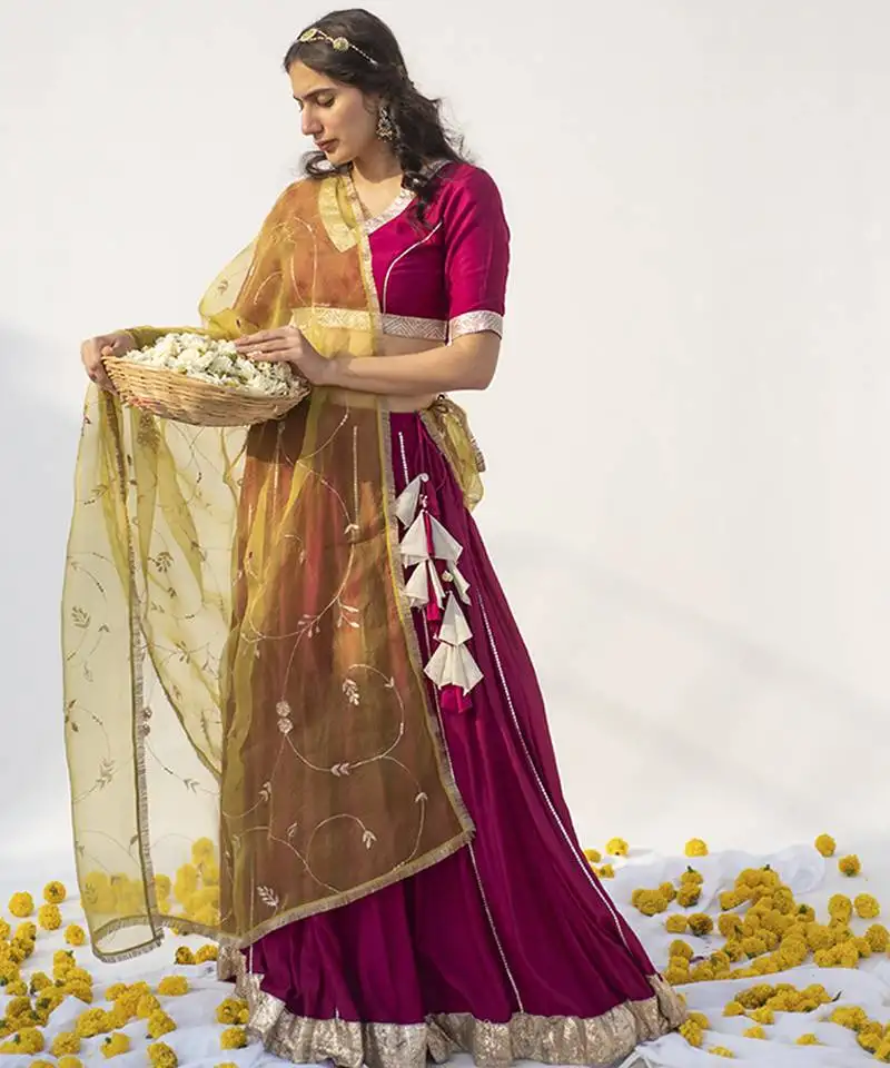 Wine plain cotton silk lehenga