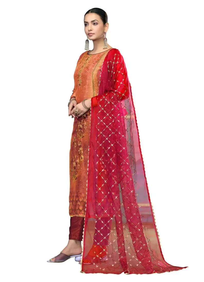 Women's multi unstitched embroidered simmer dress material