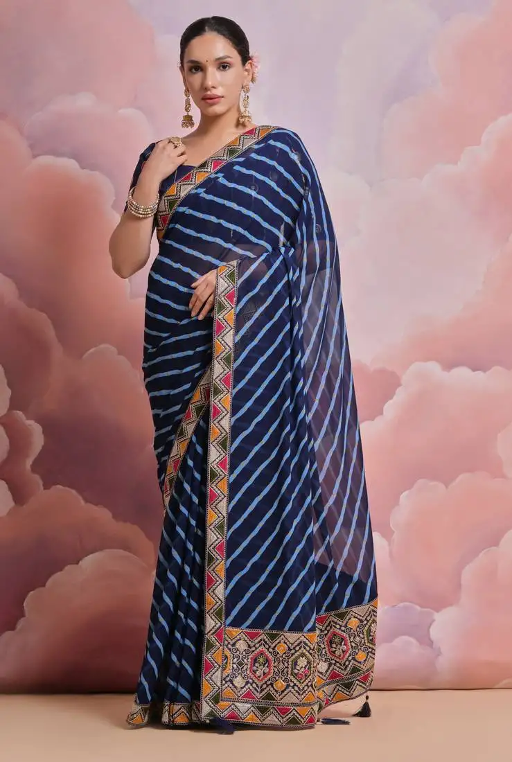 Blue leheriya georgette saree with sequin and embroidered lace